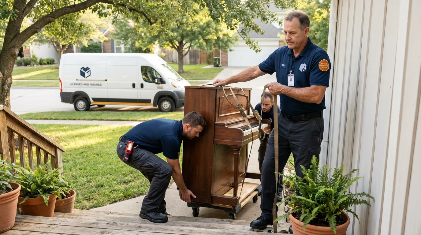 Licensed piano movers securing grand piano in Aberdeen, NC